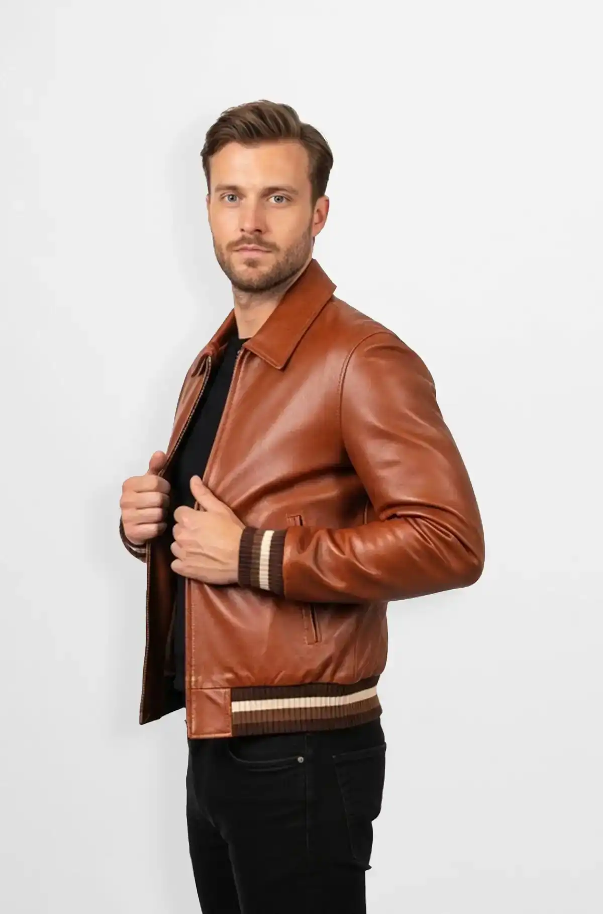 Classic Cognac Brown Bomber Leather Jacket