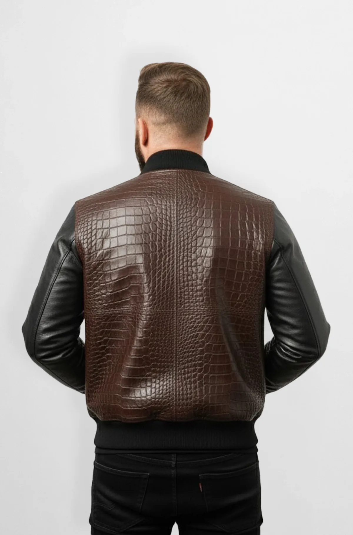 Classic Dark Brown Crocodile Leather Bomber Jacket