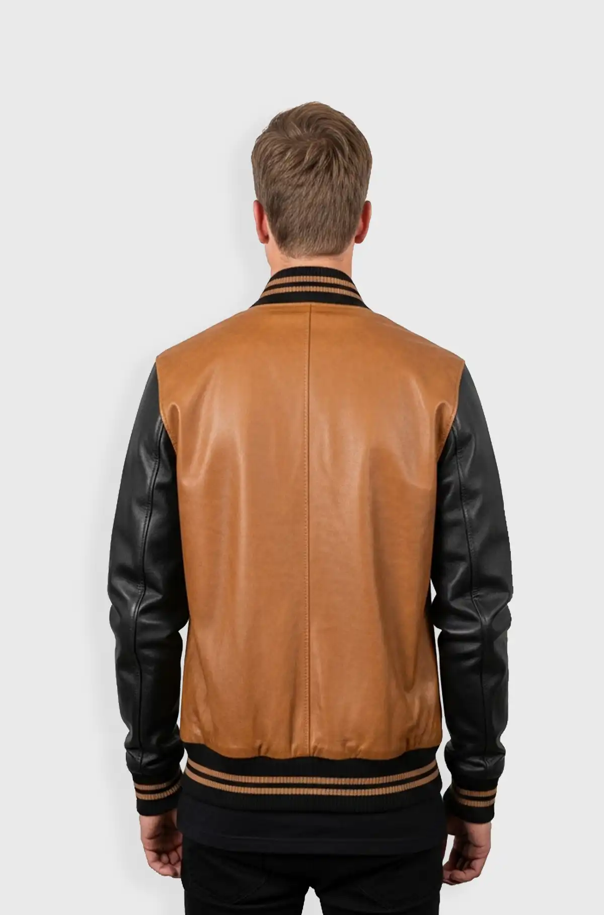 Classic Edge Tan Black Varsity Leather Jacket
