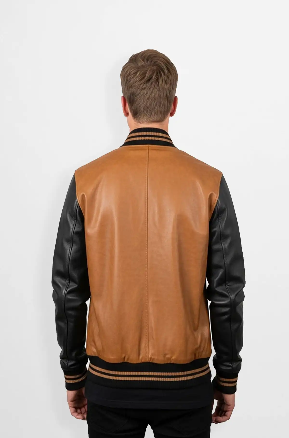 Classic Edge Tan Black Varsity Leather Jacket
