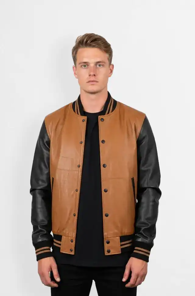 Classic Edge Tan Black Varsity Leather Jacket