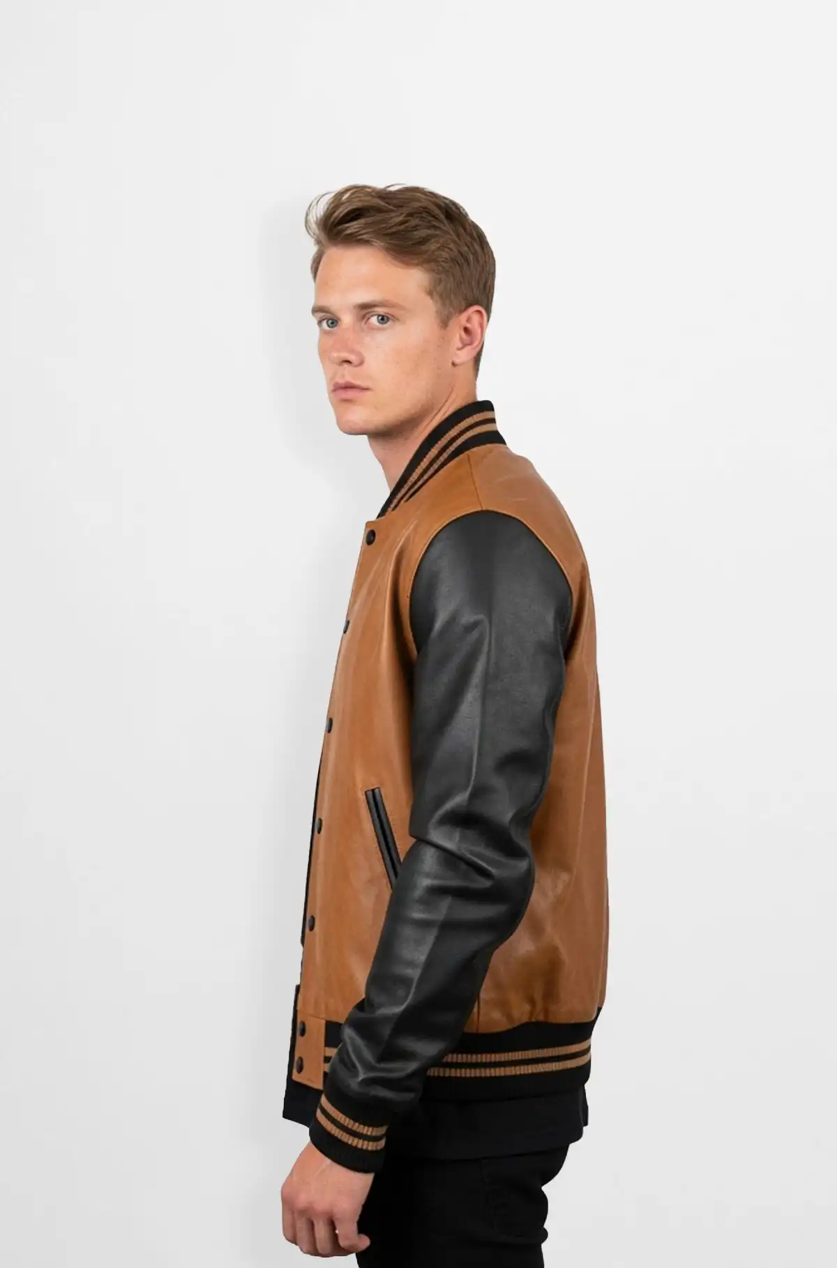 Classic Edge Tan Black Varsity Leather Jacket