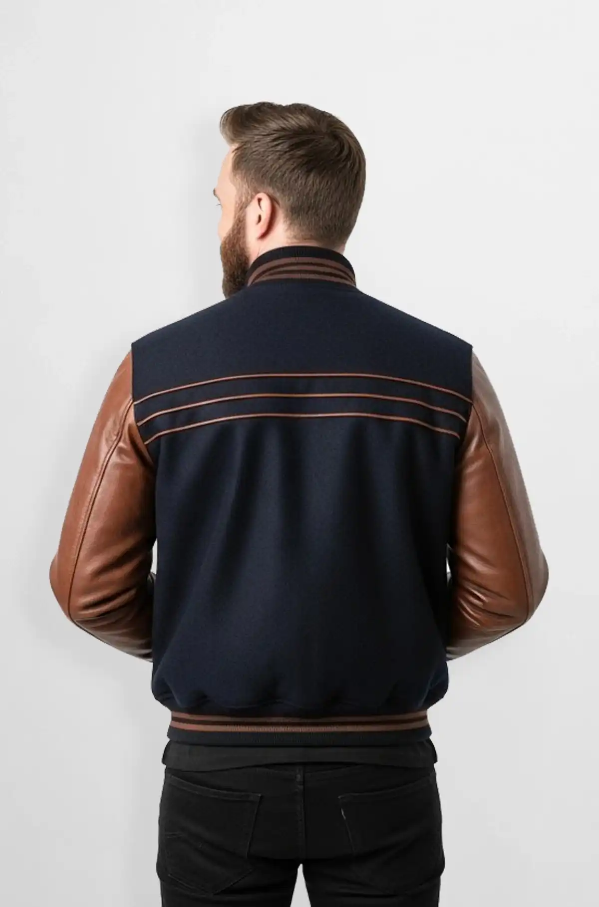 Classic Navy Blue And Brown Varsity Leather Jacket