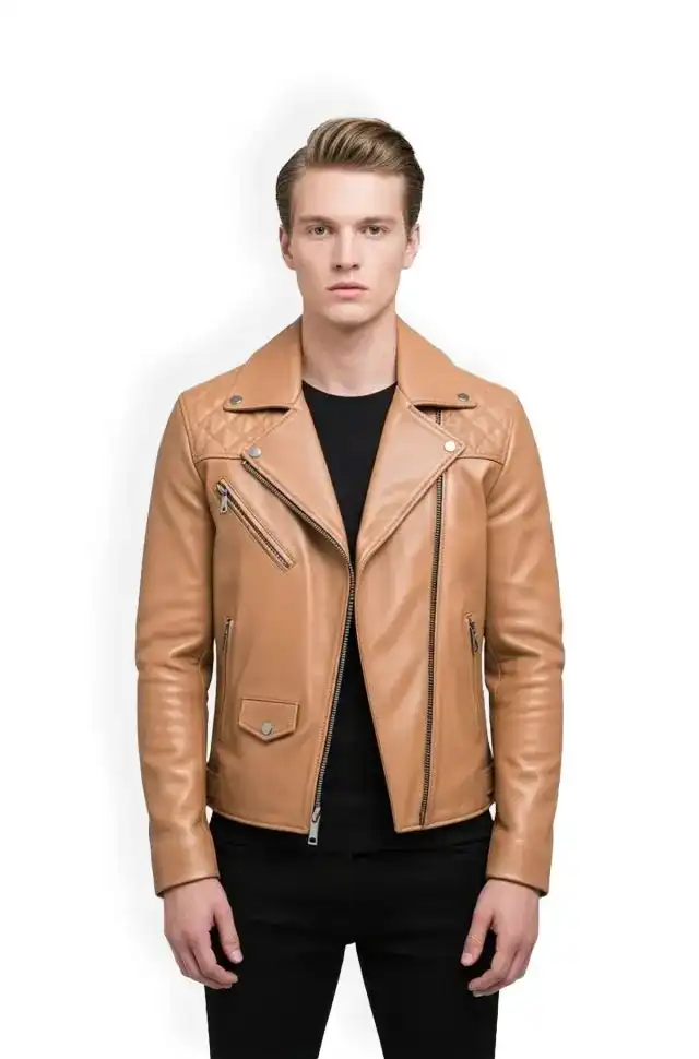 Classic Quilted Tan Biker Jacket