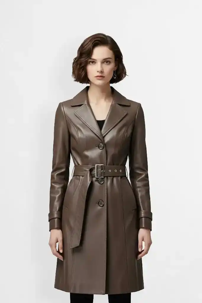 Coffee Brown Leather Trench Coat