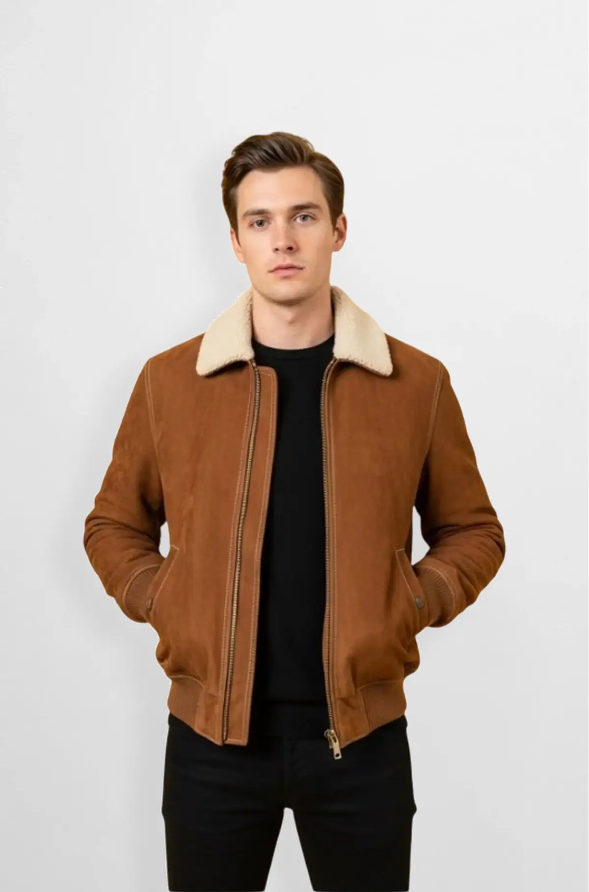 Cognac Bomber Jacket with Sherpa Collar