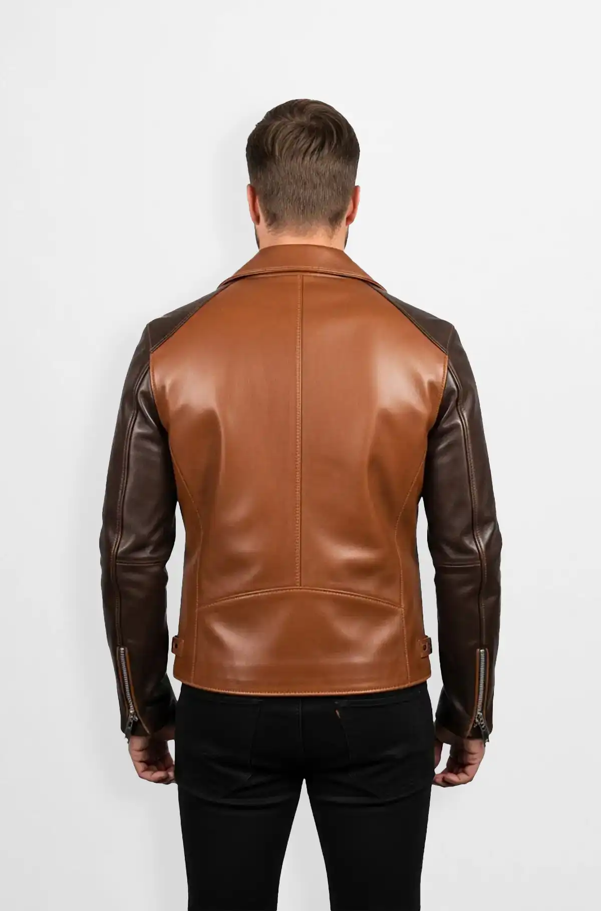 Cognac Brown & Dark Brown Sleeves Moto Leather Jacket