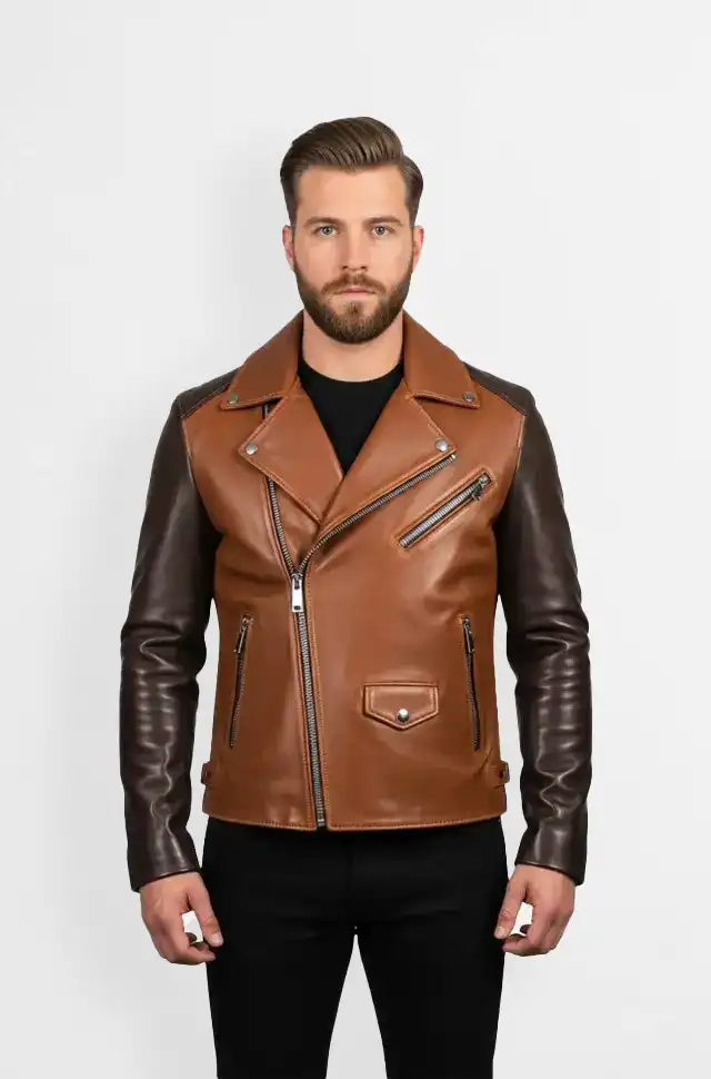 Cognac Brown & Dark Brown Sleeves Moto Leather Jacket