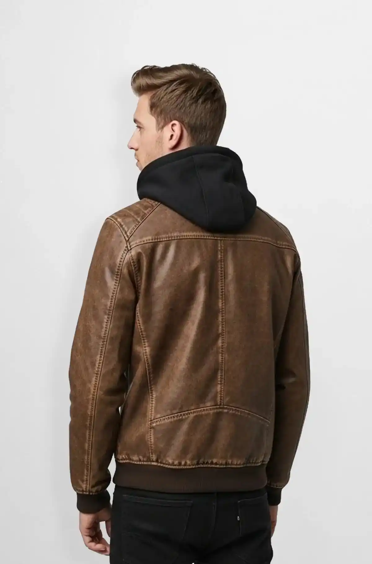 Cognac Brown Leather Hooded Bomber Jacket