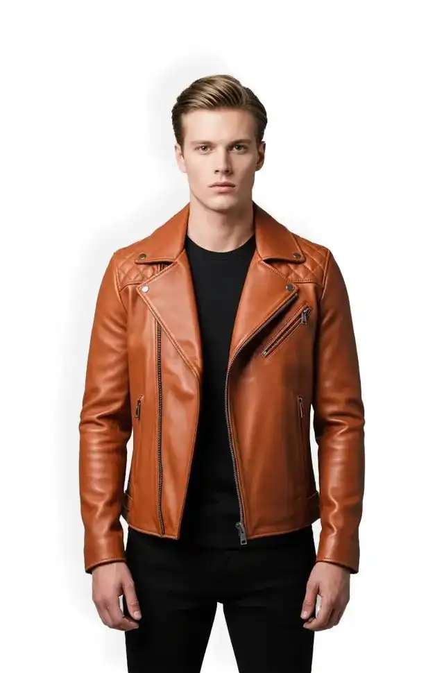 Brown Cognac Quilted Leather Biker Jacket