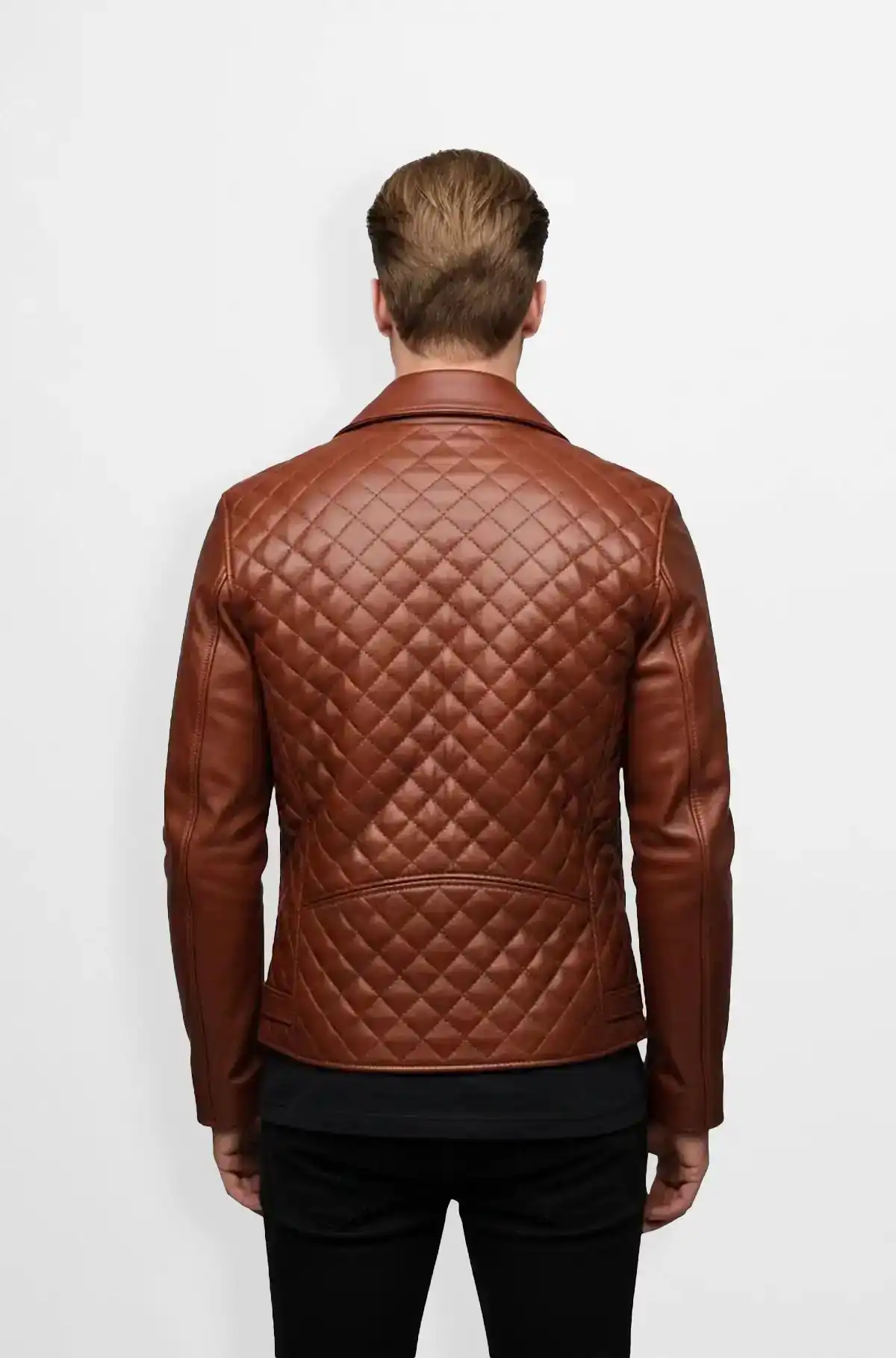 Cognac Quilted Leather Biker Jacket for Men