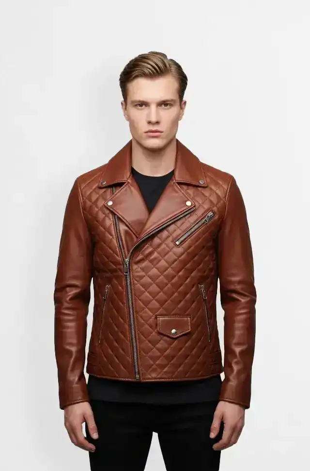 Cognac Quilted Leather Biker Jacket for Men