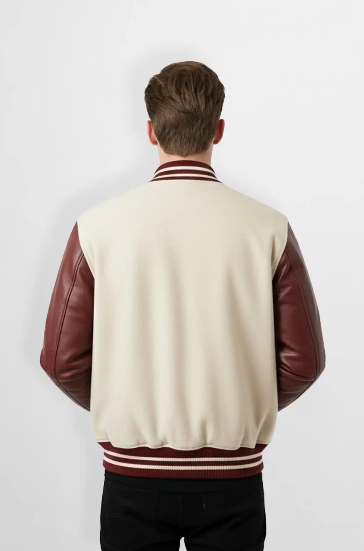 Cream &  Burgundy Wool Leather Varsity Jacket
