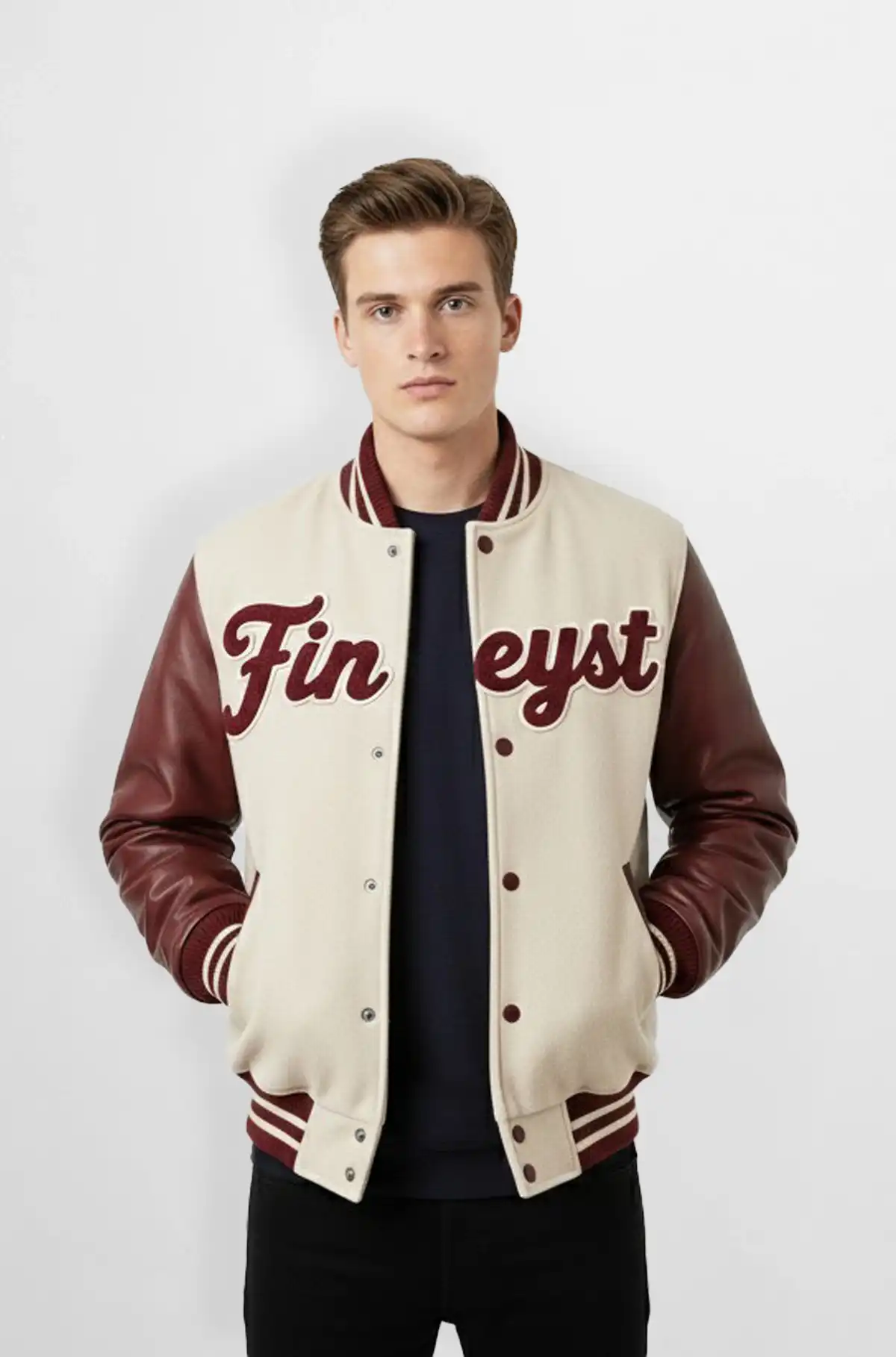 Cream & Burgundy Wool Leather Varsity Jacket