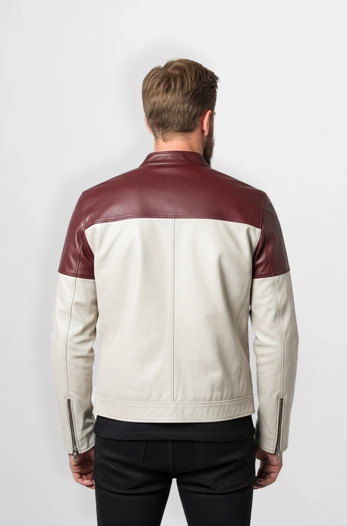Cream And Maroon Leather Biker Jacket