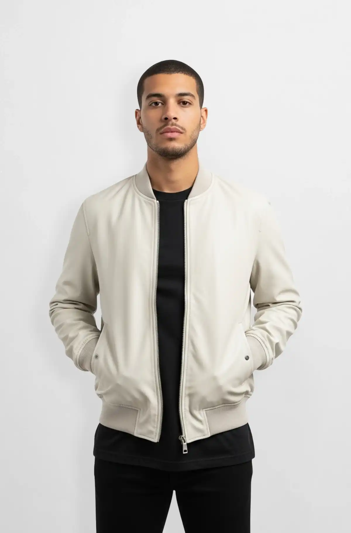 Cream Bomber Leather Jacket for Men