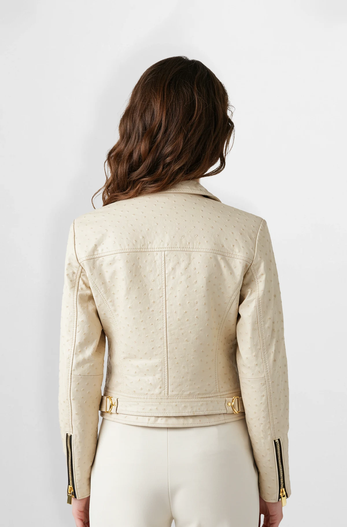 Cream Faux Ostrich Pattern Biker Jacket