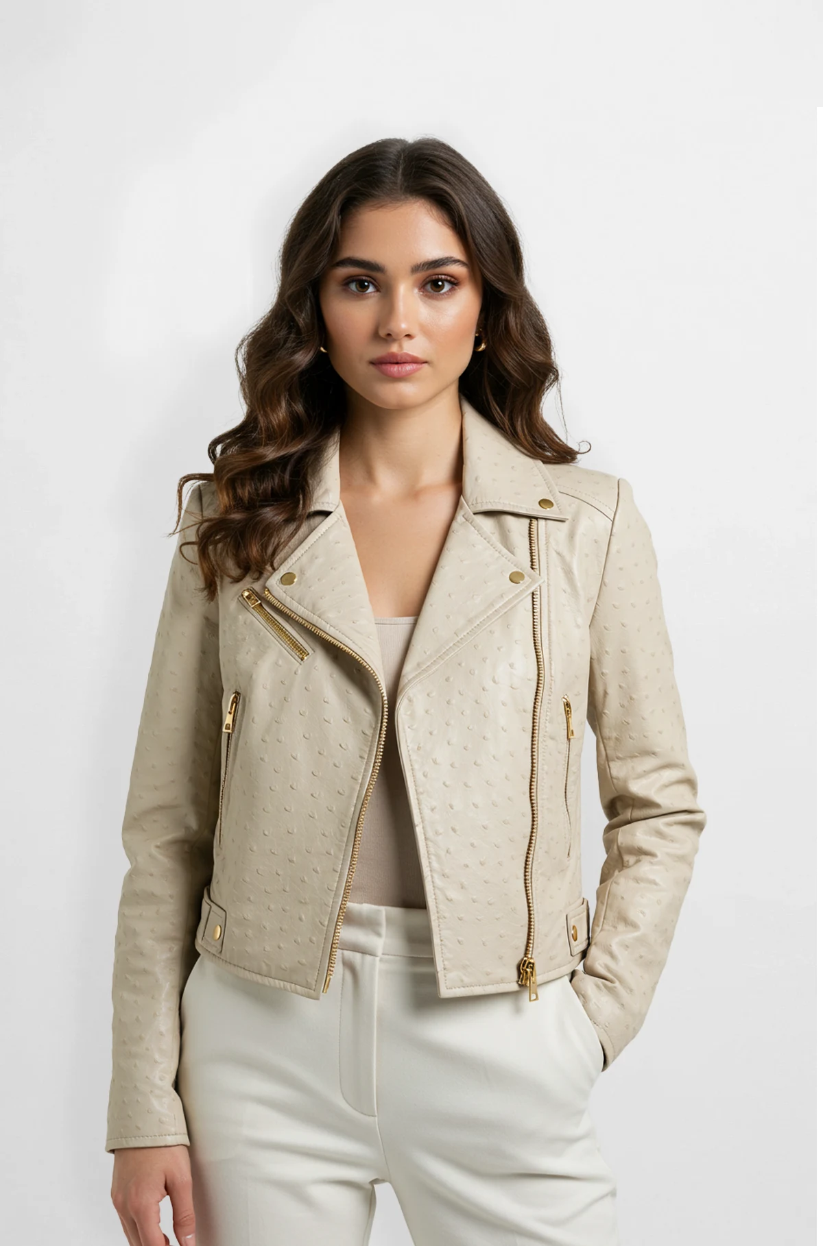 Cream Faux Ostrich Pattern Biker Jacket