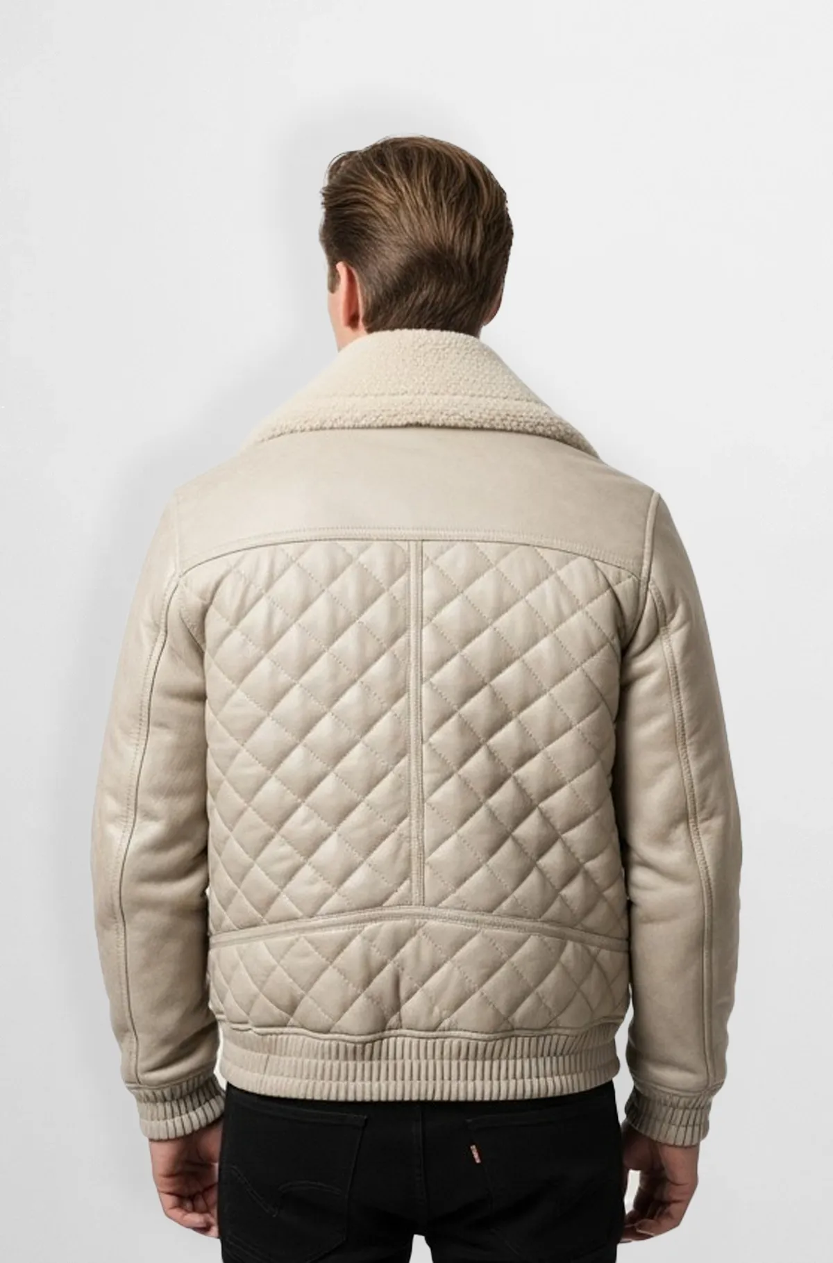 Cream Quilted Shearling Leather Bomber Jacket