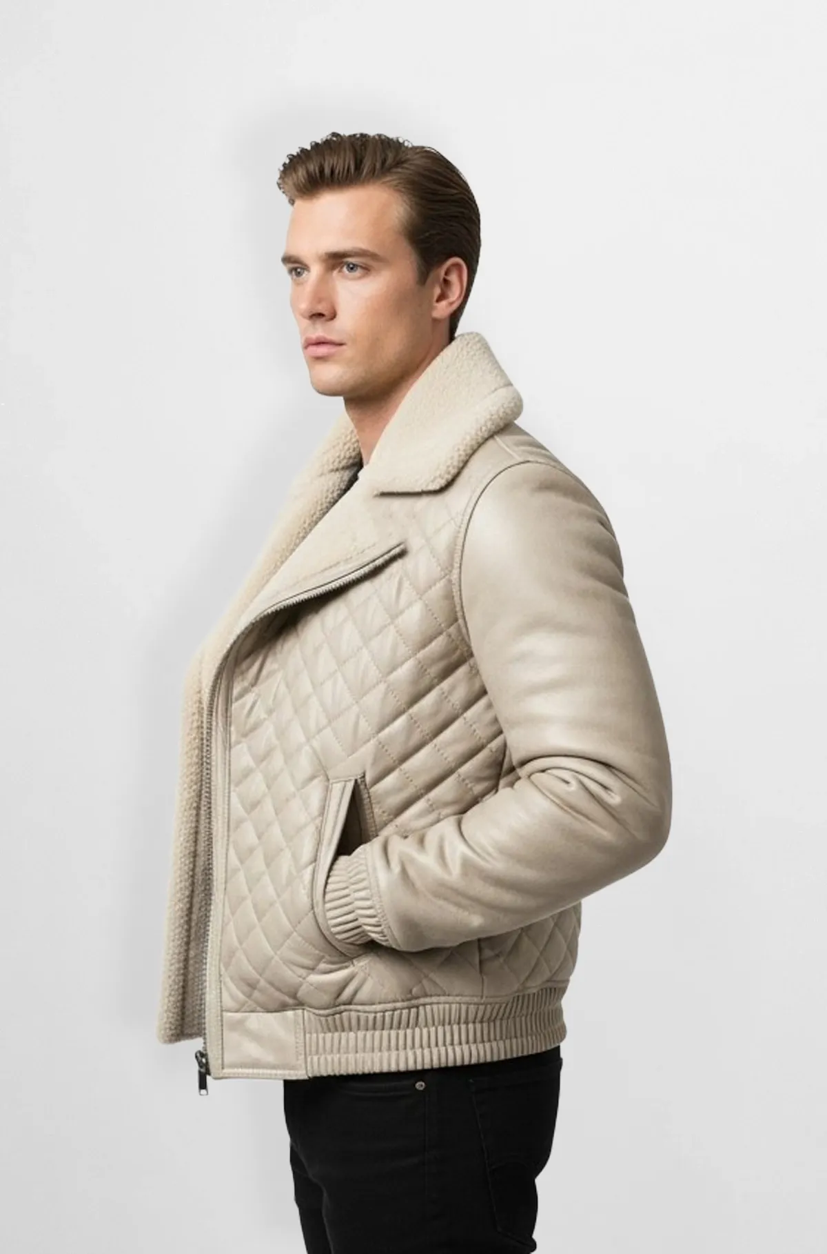 Cream Quilted Shearling Leather Bomber Jacket