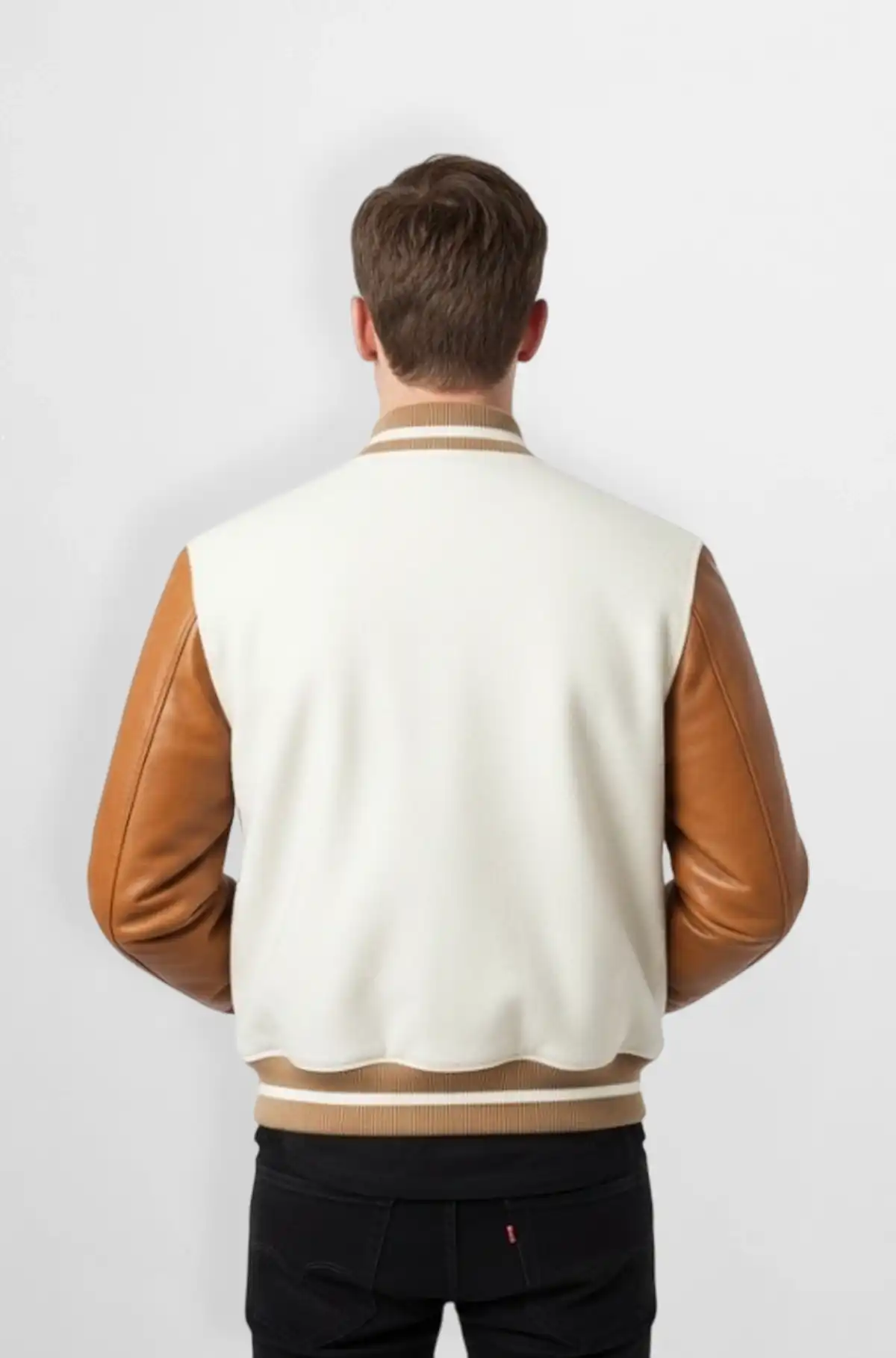 Cream White Grid Wool Leather Varsity Jacket