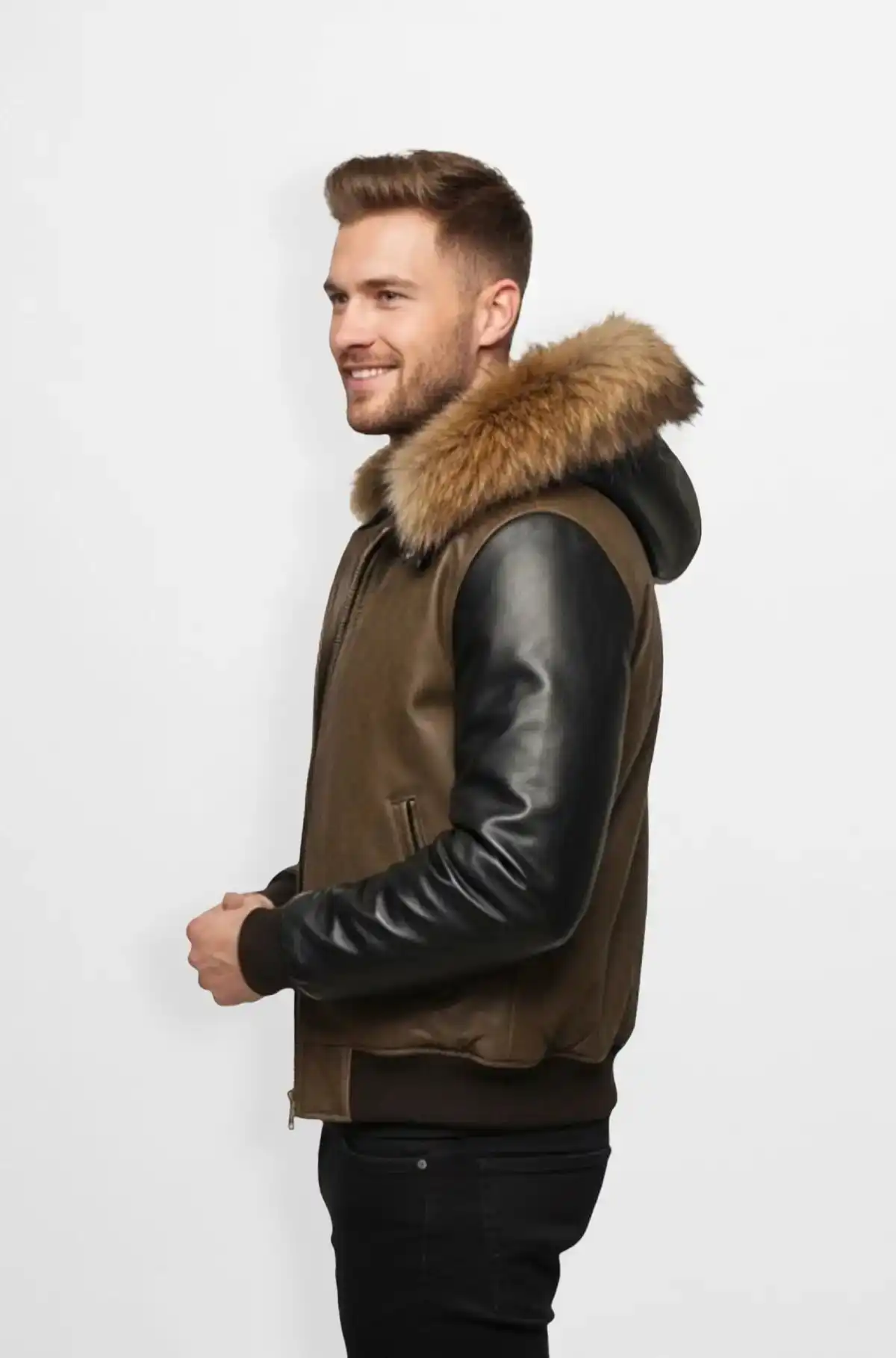 Creamy Brown  Bomber Fur Hood Leather Jacket