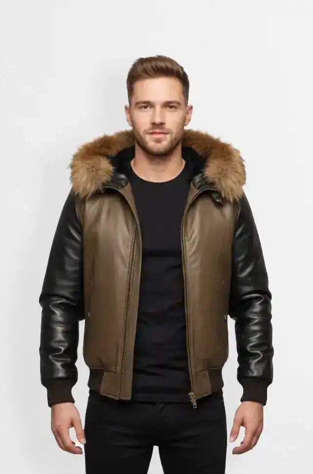 Creamy Brown  Bomber Fur Hood Leather Jacket