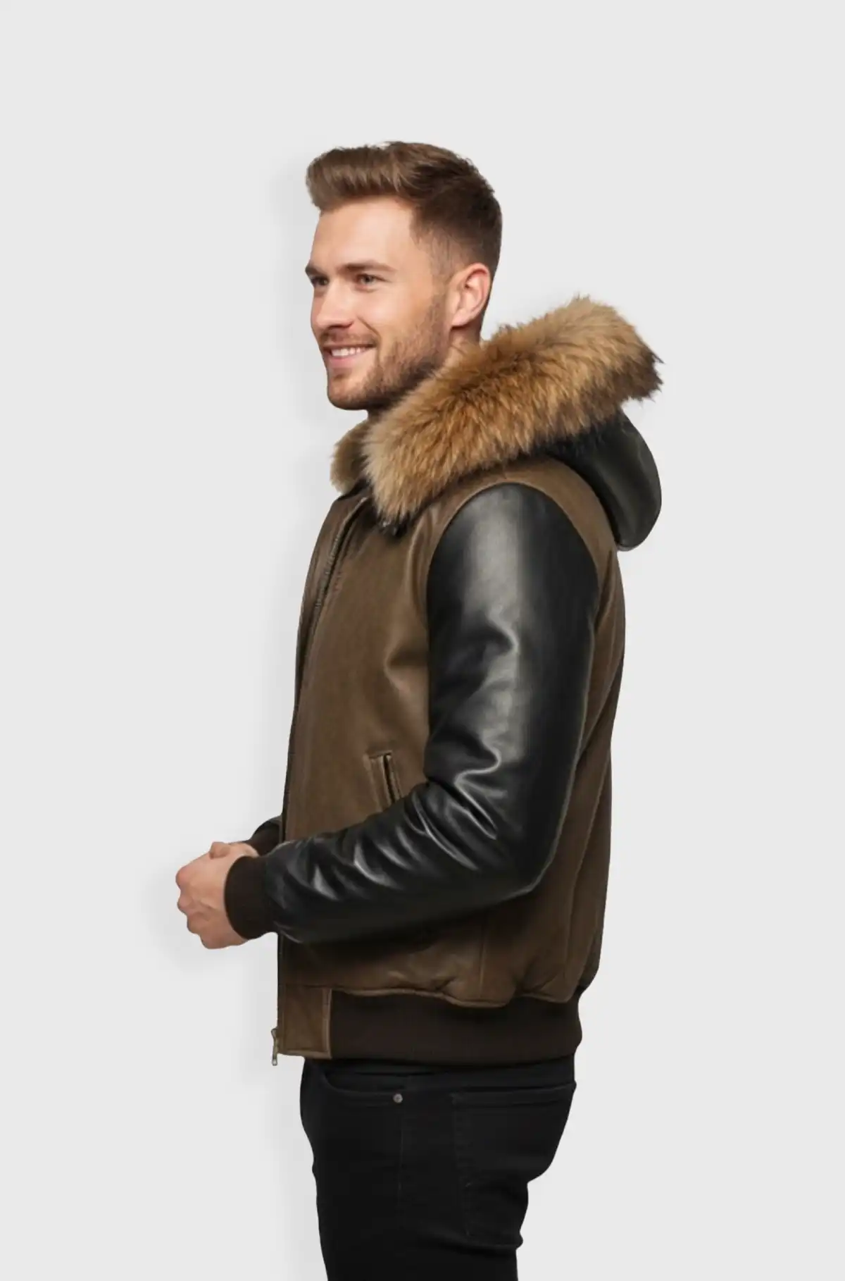 Creamy Brown  Bomber Fur Hood Leather Jacket