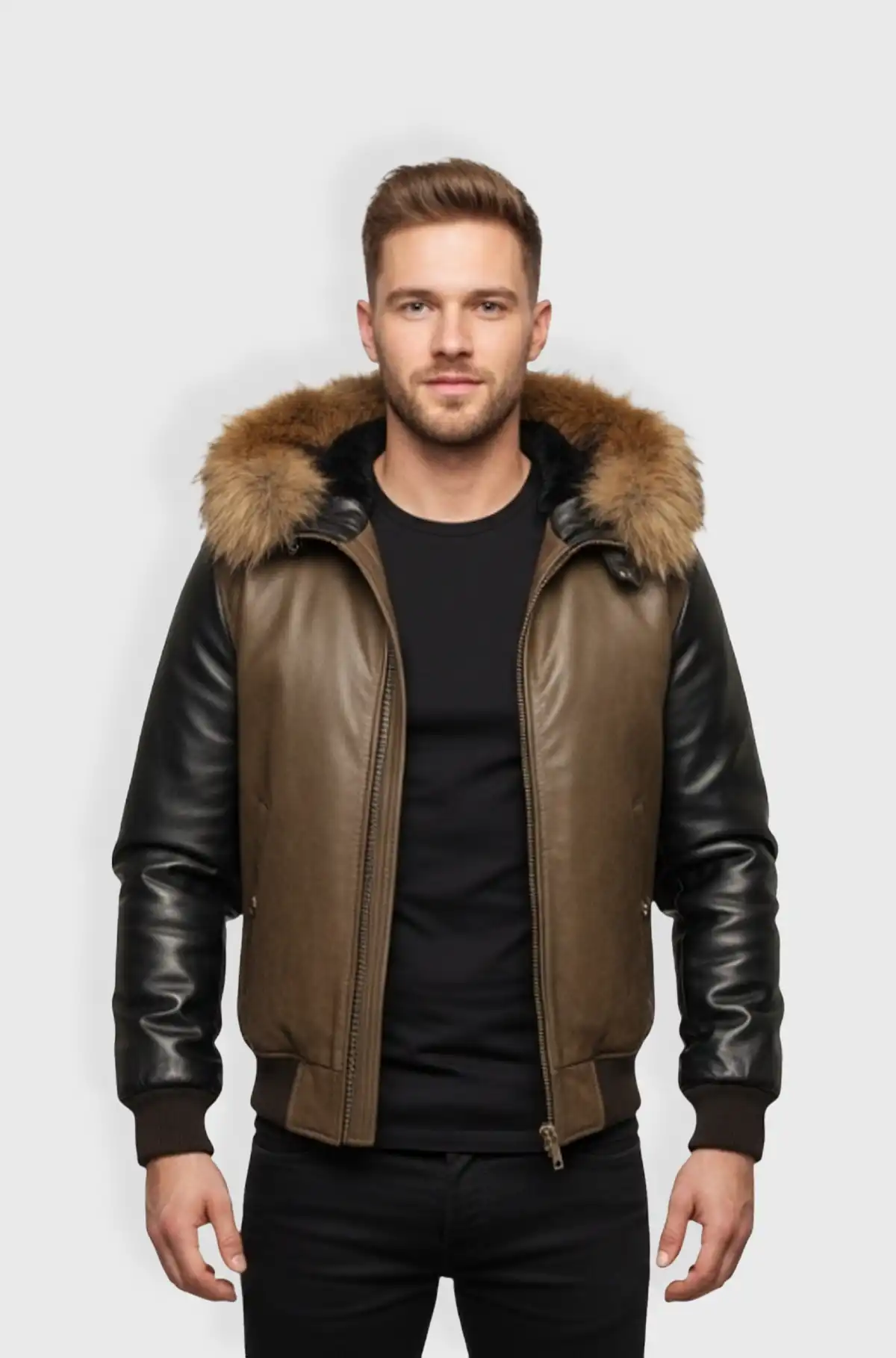 Creamy Brown  Bomber Fur Hood Leather Jacket