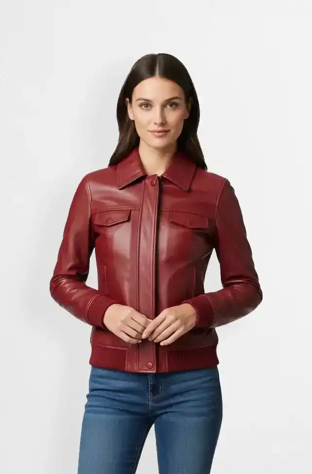 Crimson Charm Bomber Leather Jacket