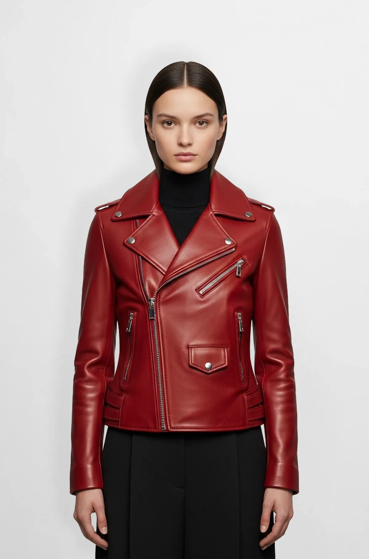 Crimson Cropped Leather Biker Jacket for Women