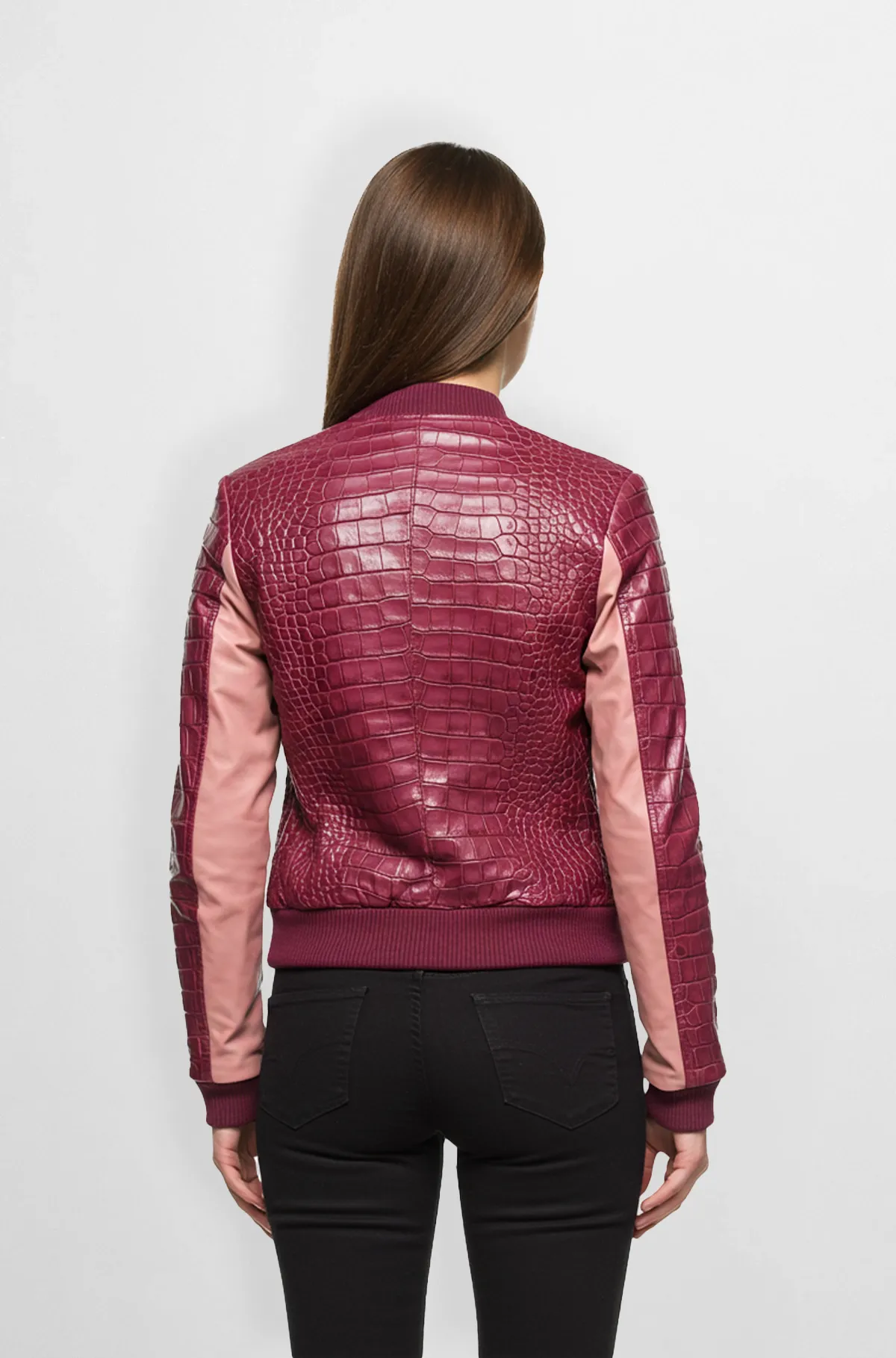 Crimson Lux Croc Bomber Burgundy with Soft Pink Sleeves