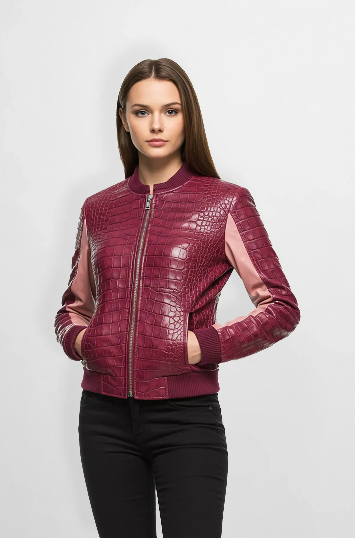 Crimson Lux Croc Bomber Burgundy with Soft Pink Sleeves