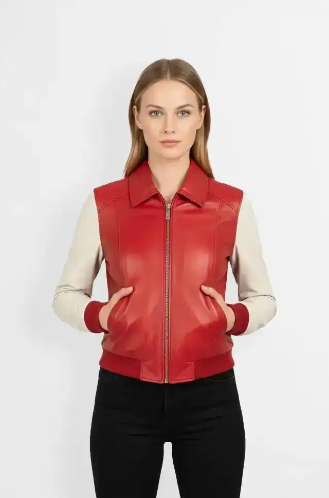 Crimson Pulse Bomber Leather Jacket
