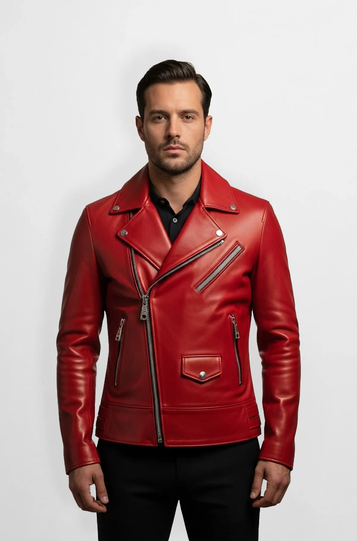 Crimson Red Leather Biker Jacket