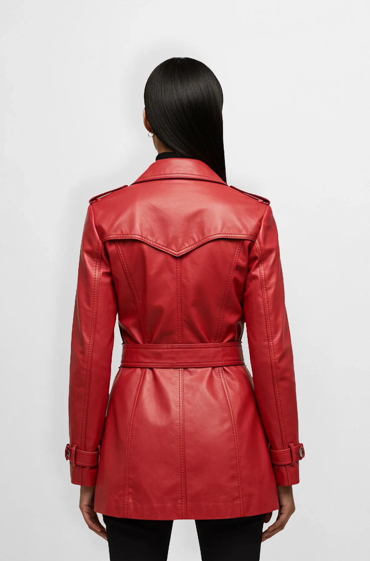 Crimson Red Double Breasted Leather Trench Coat