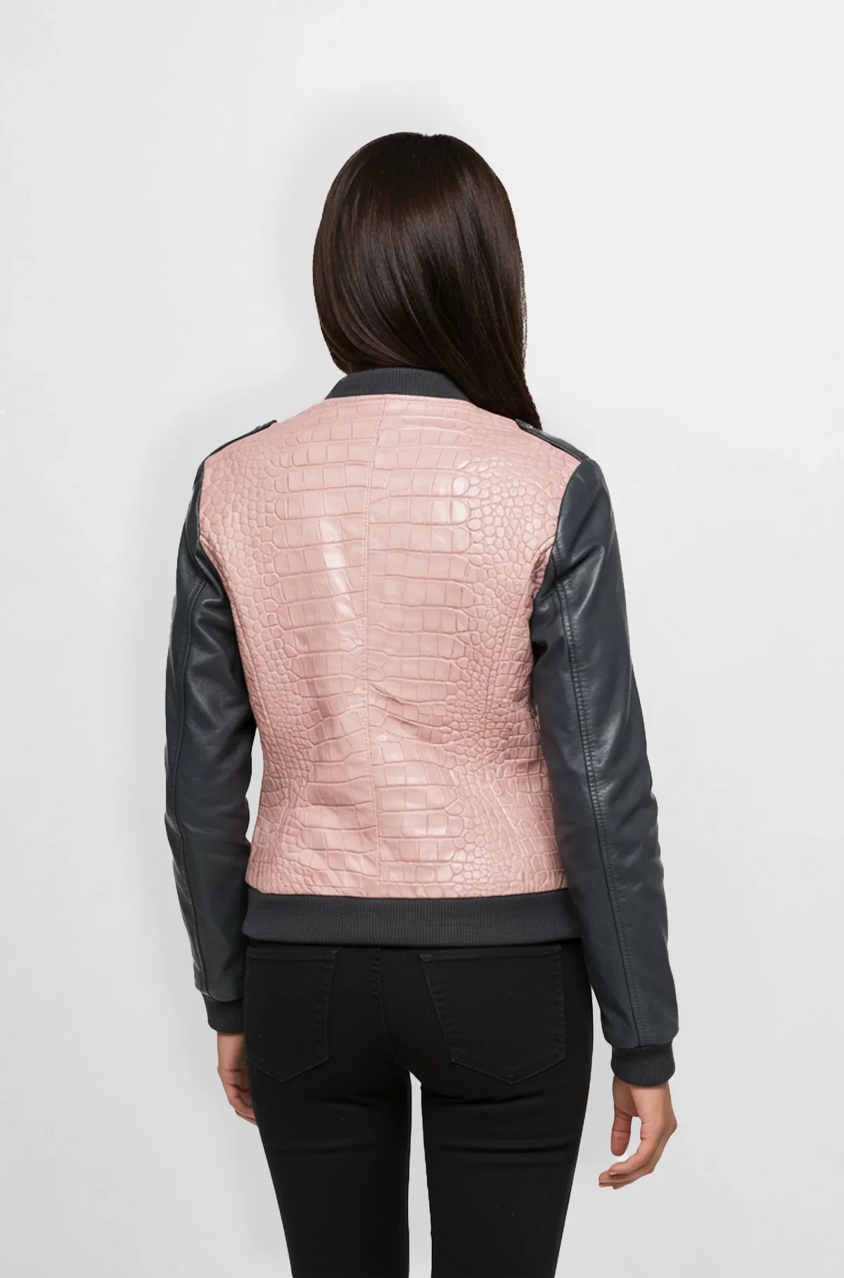 Croc Embossed Pink and Black Leather Bomber Jacket for Women