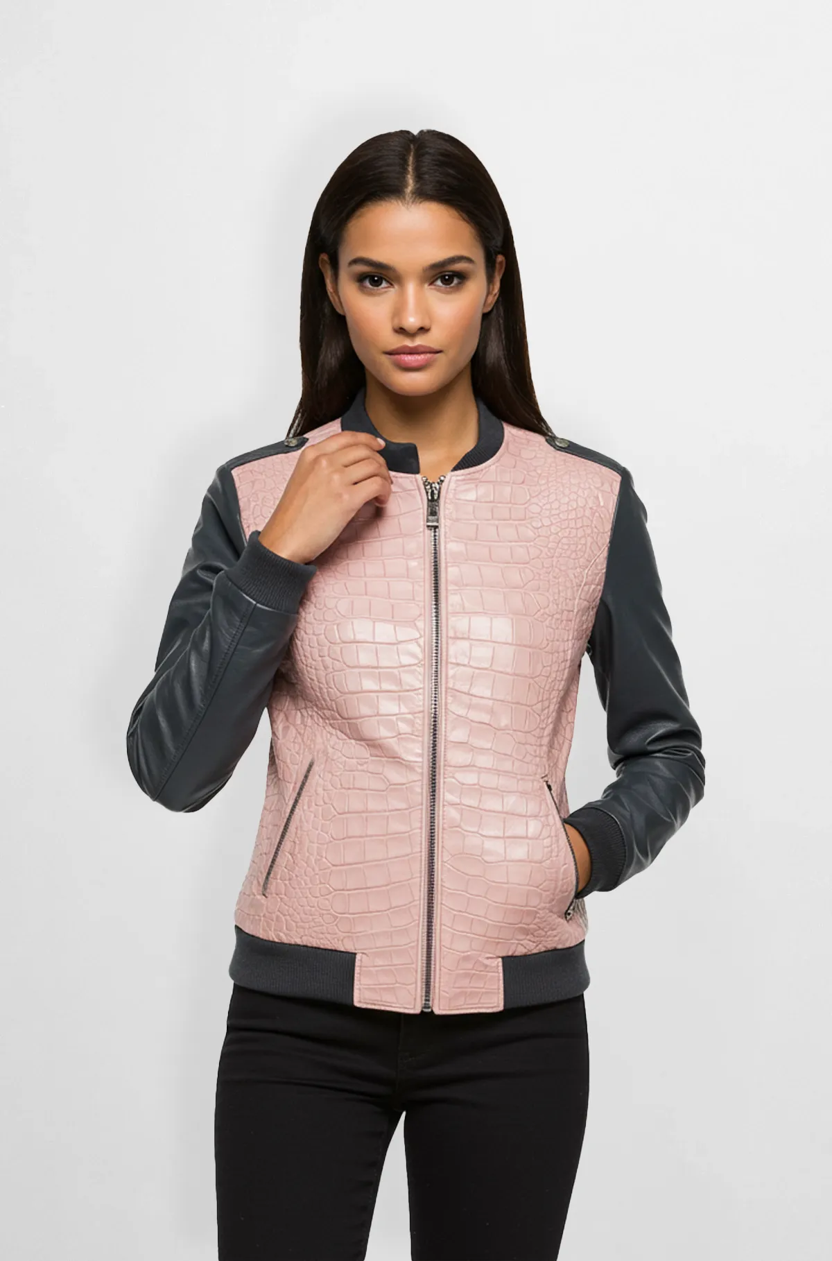 Croc Embossed Pink and Black Leather Bomber Jacket for Women