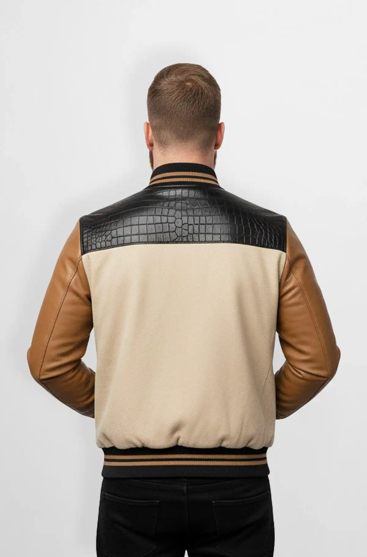 Crocodile Panel Varsity Leather Jacket for Men