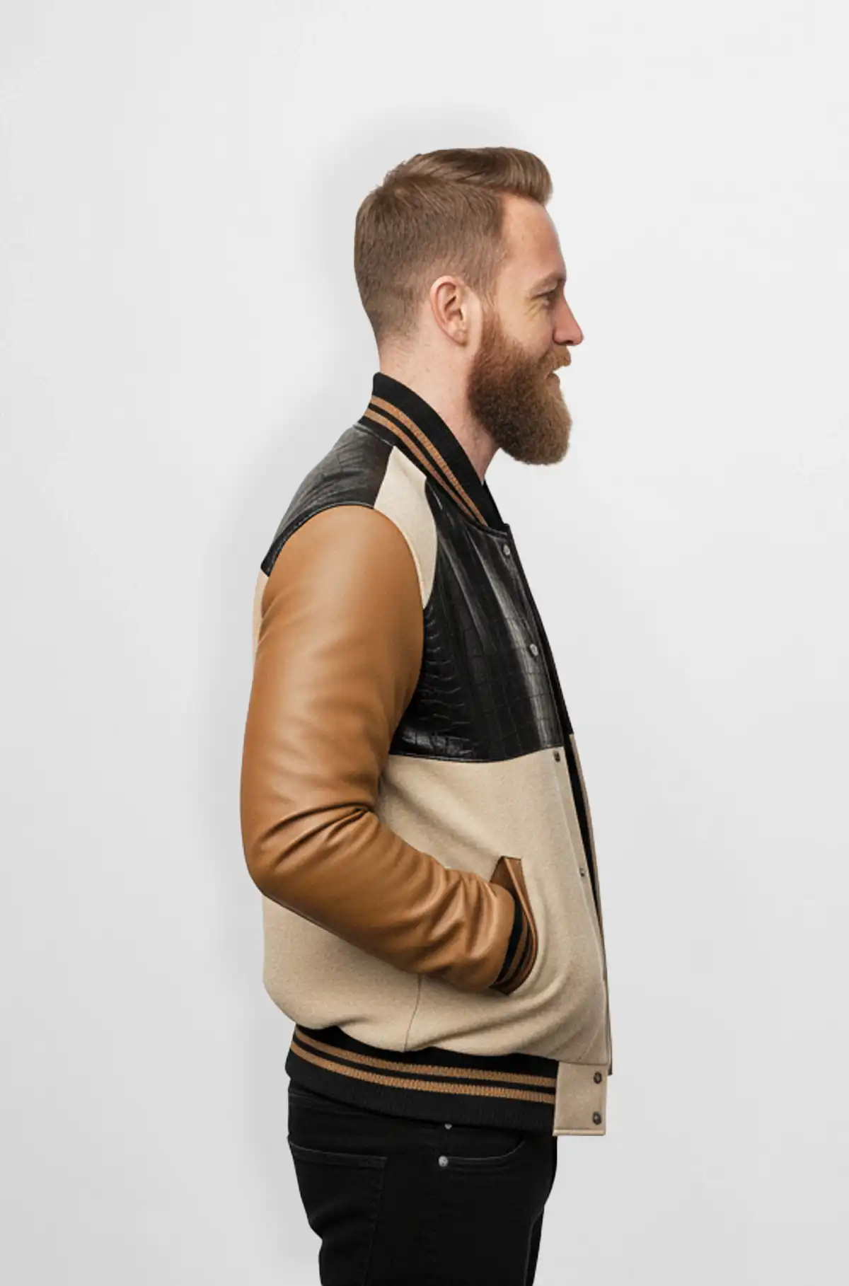 Crocodile Panel Varsity Leather Jacket for Men