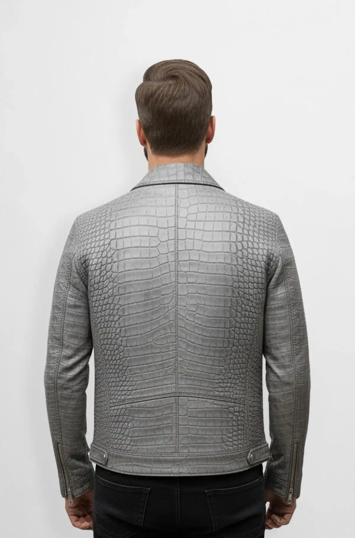 Croc Patterned Grey Leather Biker Jacket