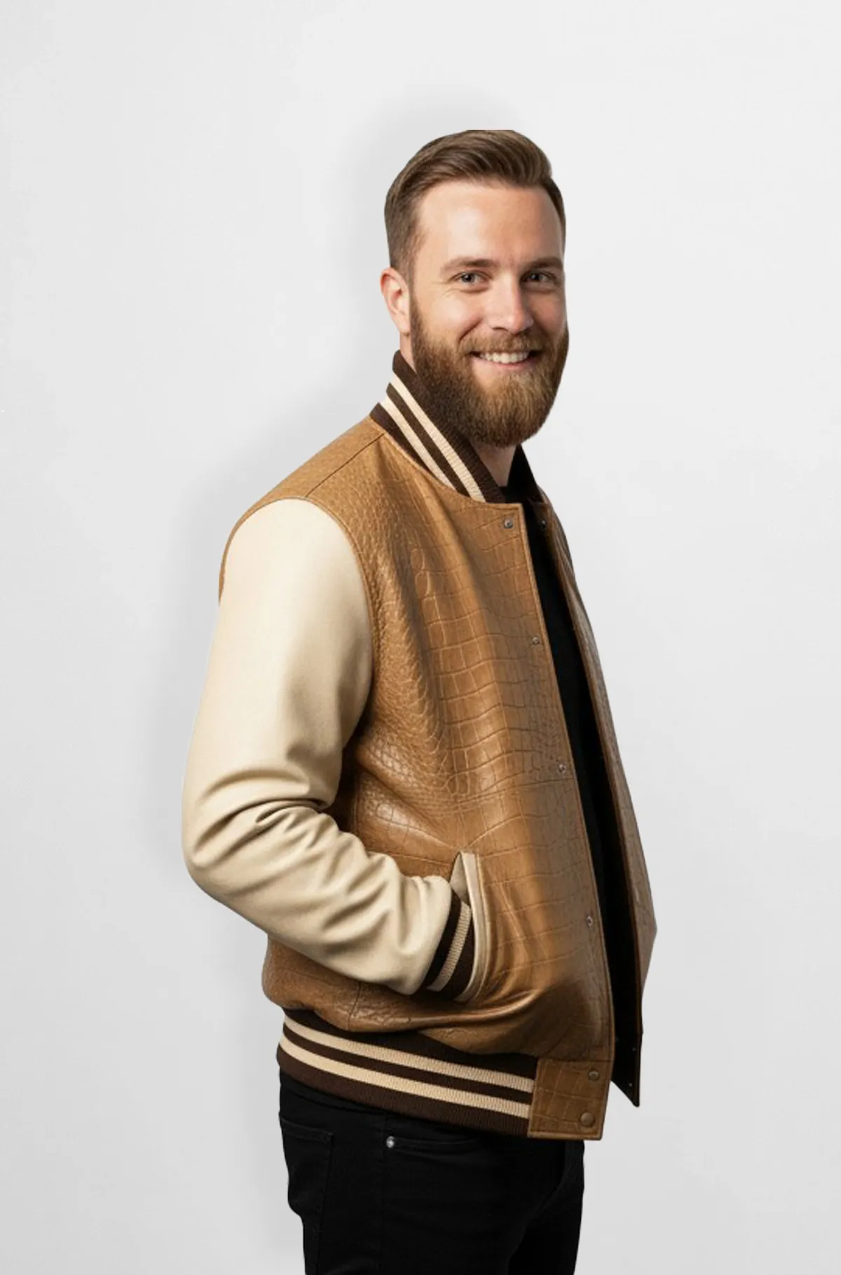 Crocodile Tan Varsity Leather Jacket