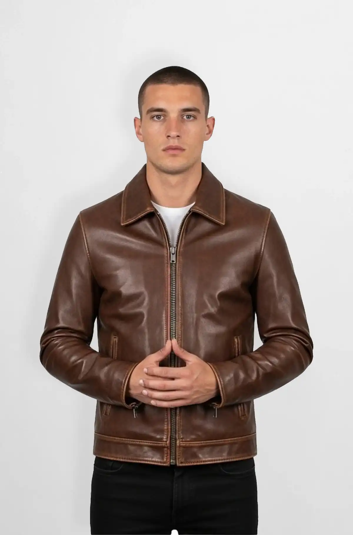 Crunch Brown Leather Biker Jacket