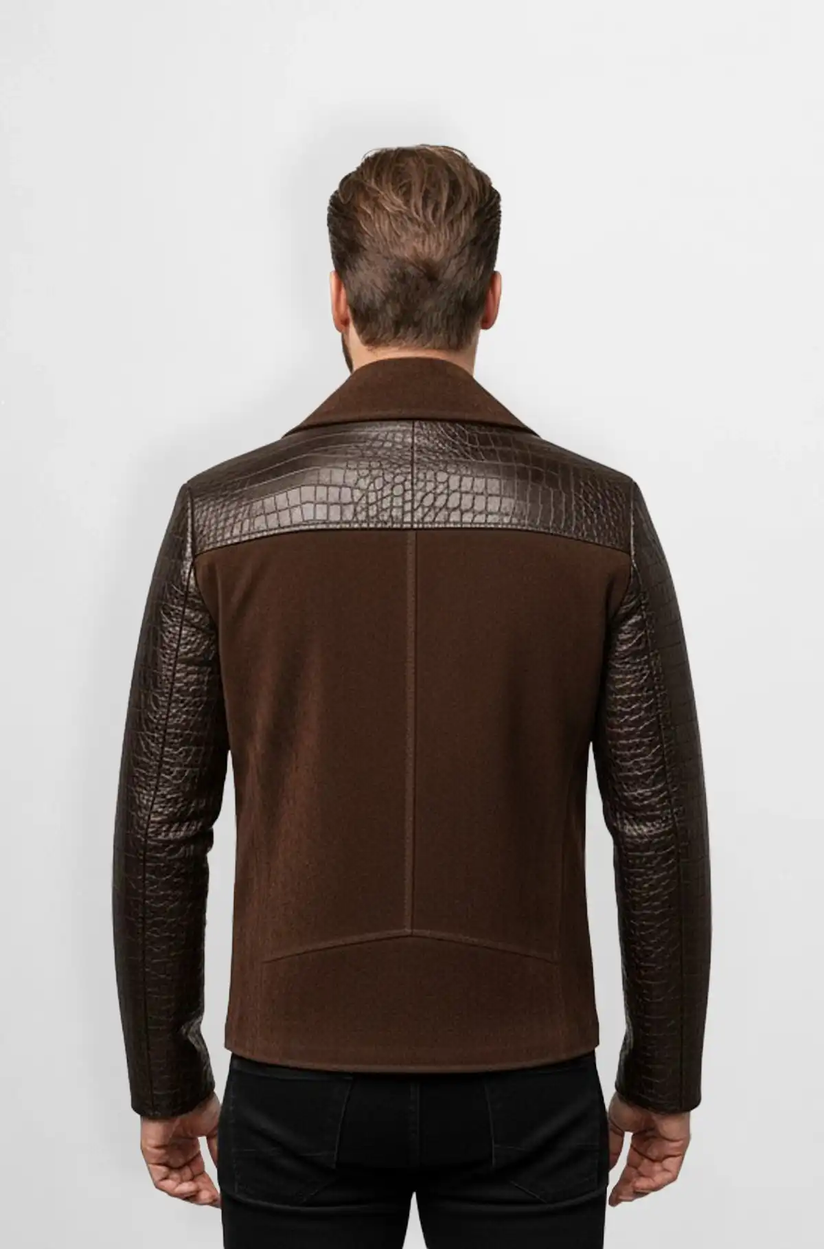 Dark Brown Crocodile Sleeve Biker Jacket