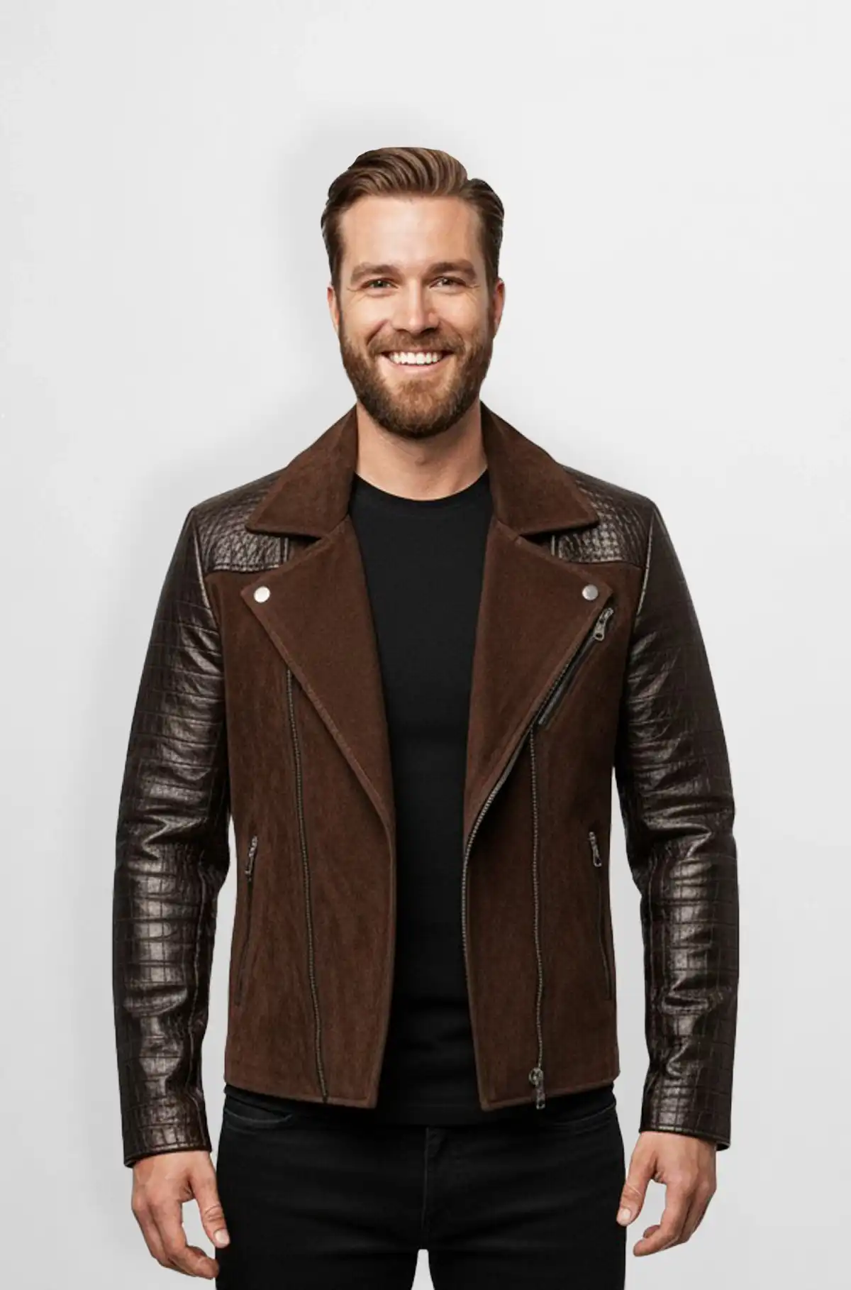 Dark Brown Crocodile Sleeve Biker Jacket