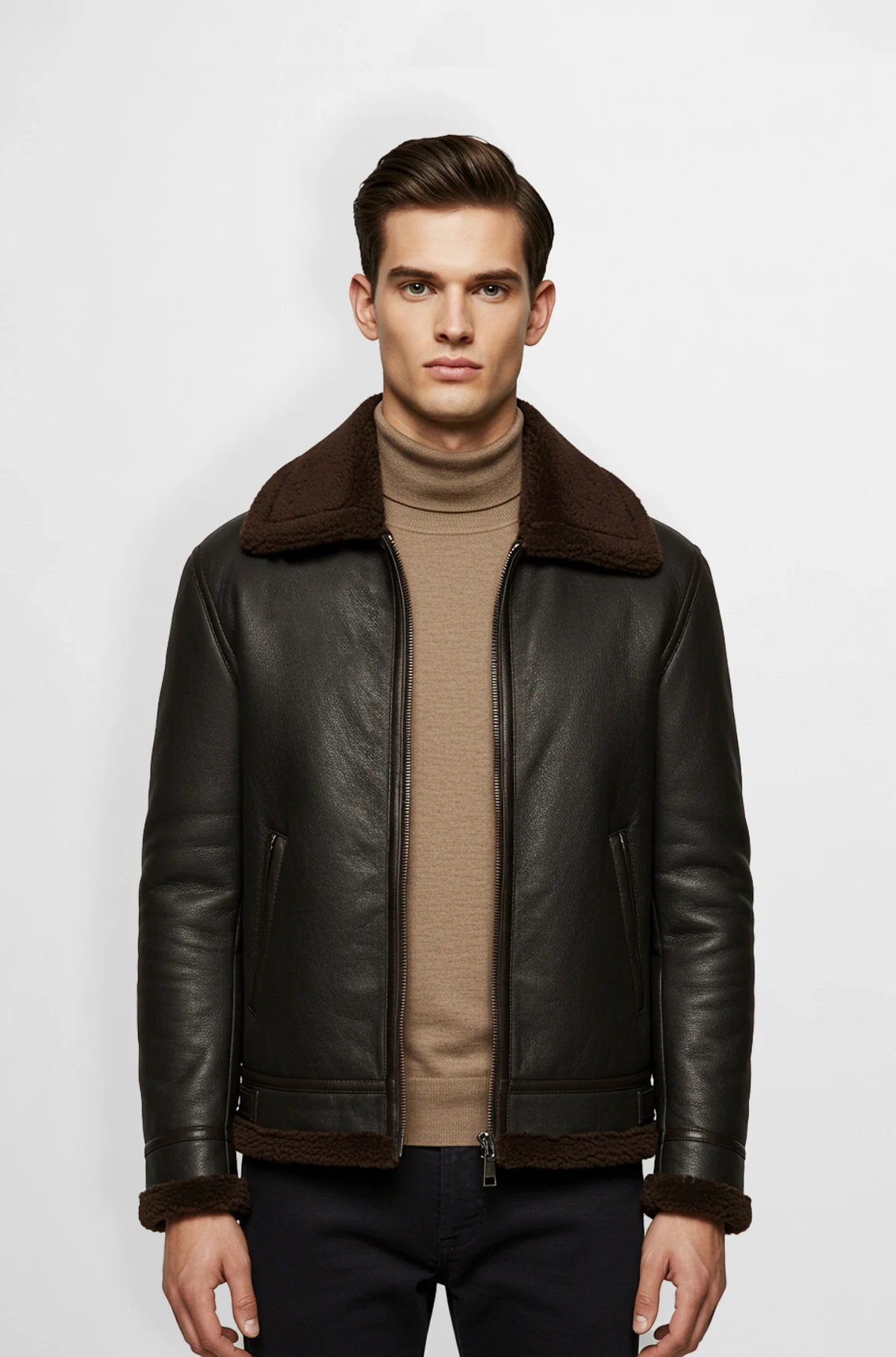 Apricot Brown Shearling Leather Jacket for men