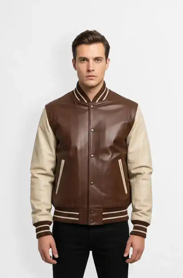 Dark Brown and Cream Leather Varsity Jacket