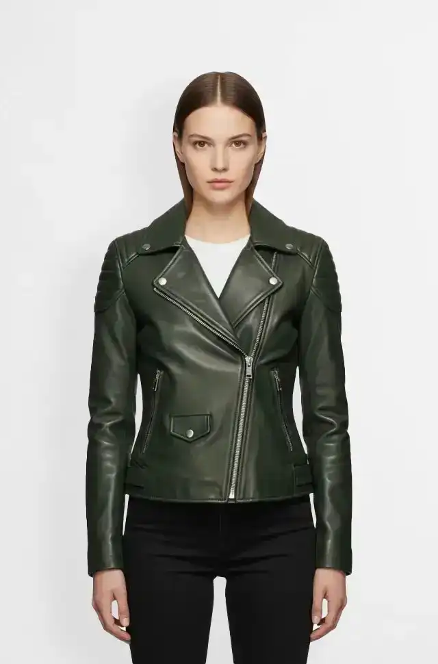 Dark Green Biker Leather Jacket