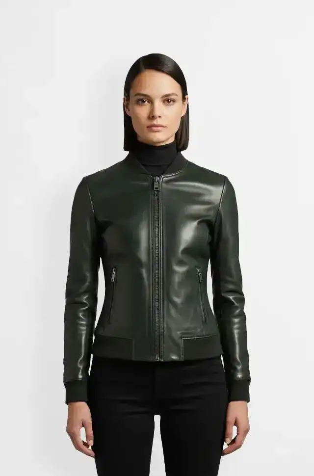Dark Green Leather Bomber Jacket