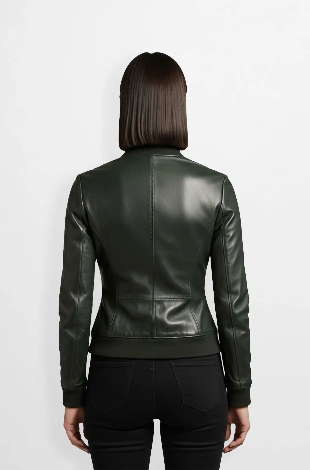 Dark Green Leather Bomber Jacket